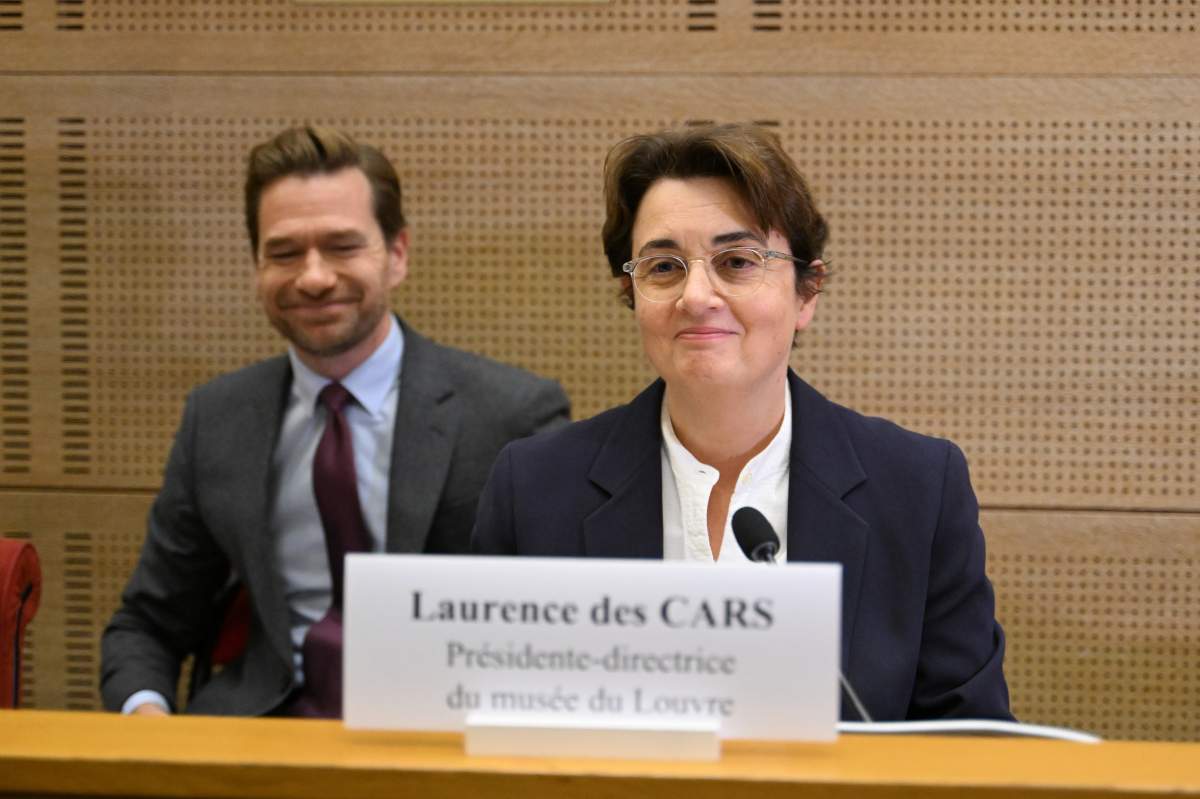 Laurence des Cars, director of Le Louvre Museum, poses before a hearing at the Culture commission of the Senate, three days after historic jewels were stolen in a daring daylight heist, on Oct. 22, 2025, in Paris.