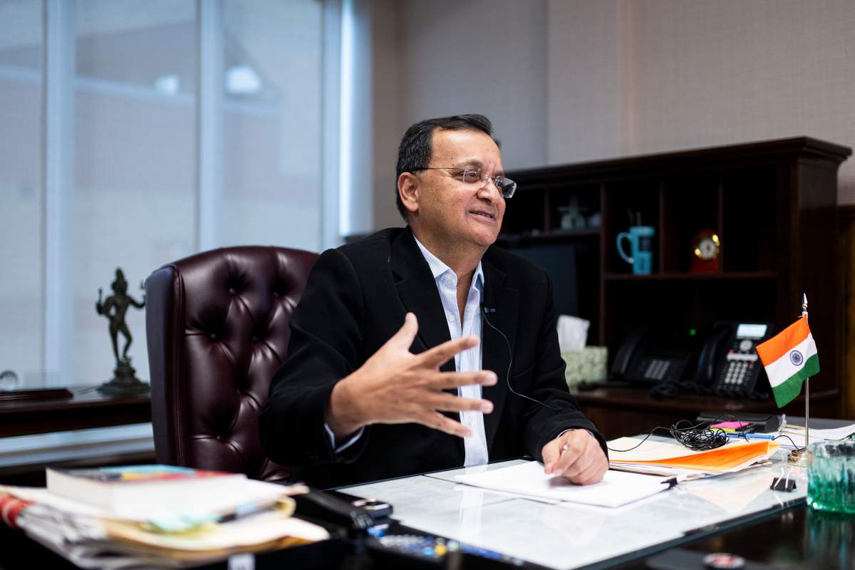 Dinesh Kumar Patnaik, High Commissioner for the Republic of India to Canada, speaks to a reporter from The Canadian Press during an interview at the High Commission of India in Ottawa, on Thursday, Oct. 16, 2025.