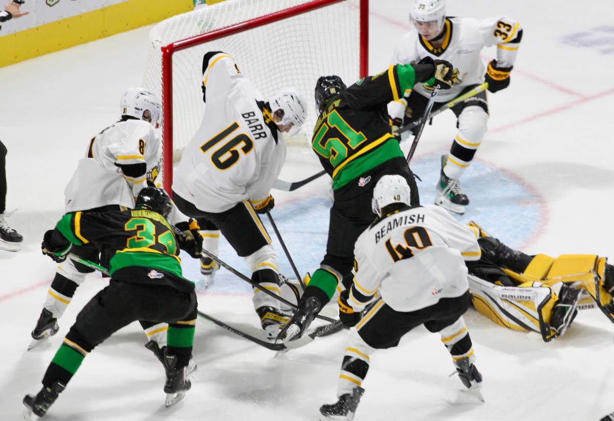 Cohen Bidgood jams in the game winning goal in overtime as the London Knights defeated the Sarnia Sting 5-4 on Oct. 11 at Canada Life Place.