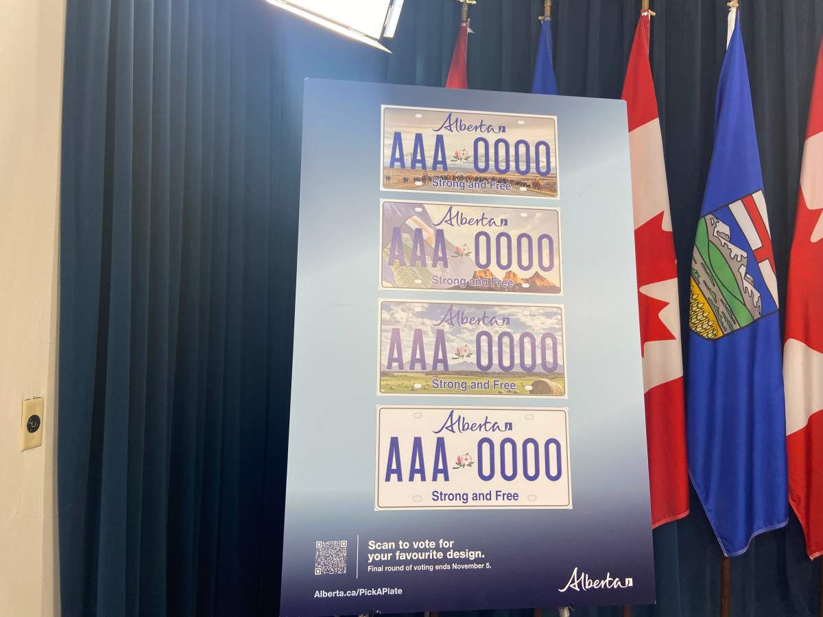 New designs for Alberta licence plates, shown during a news conference at the legislature on Wednesday, October 15, 2025.