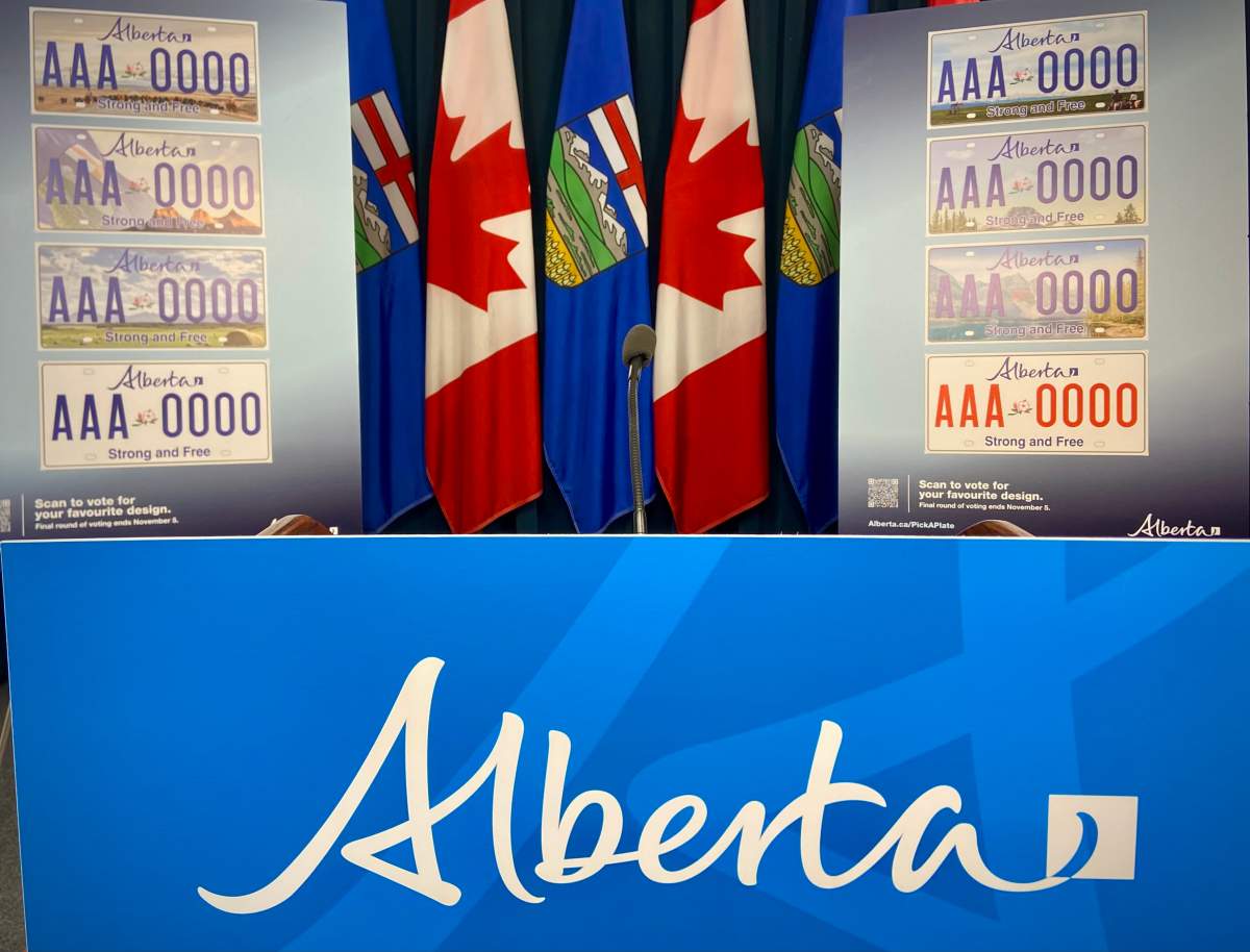 New designs for Alberta licence plates, shown during a news conference at the legislature on Wednesday, October 15, 2025.