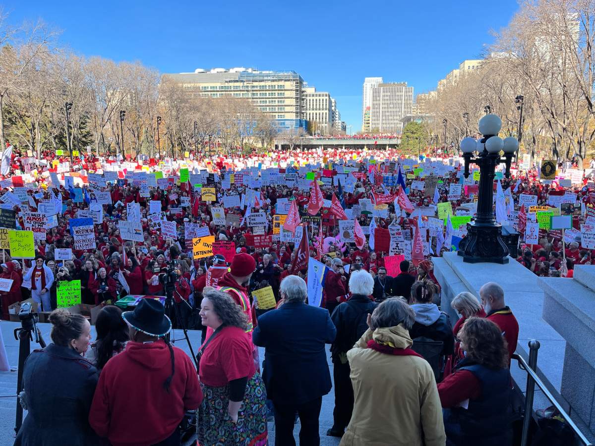 Thousands of teachers and their supporters protesting outside the Alberta legislature on Thursday, October 23, 2025.