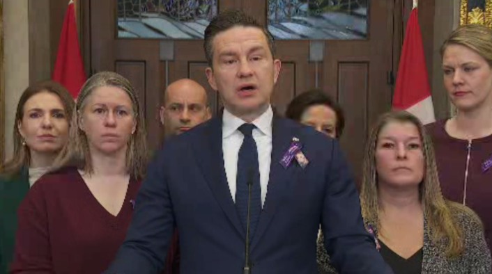 Conservative leader Pierre Poilievre is joined by Debbie Henderson (left) and Trish McCourt (right) calling on the urgent enactment of Bill C-225.