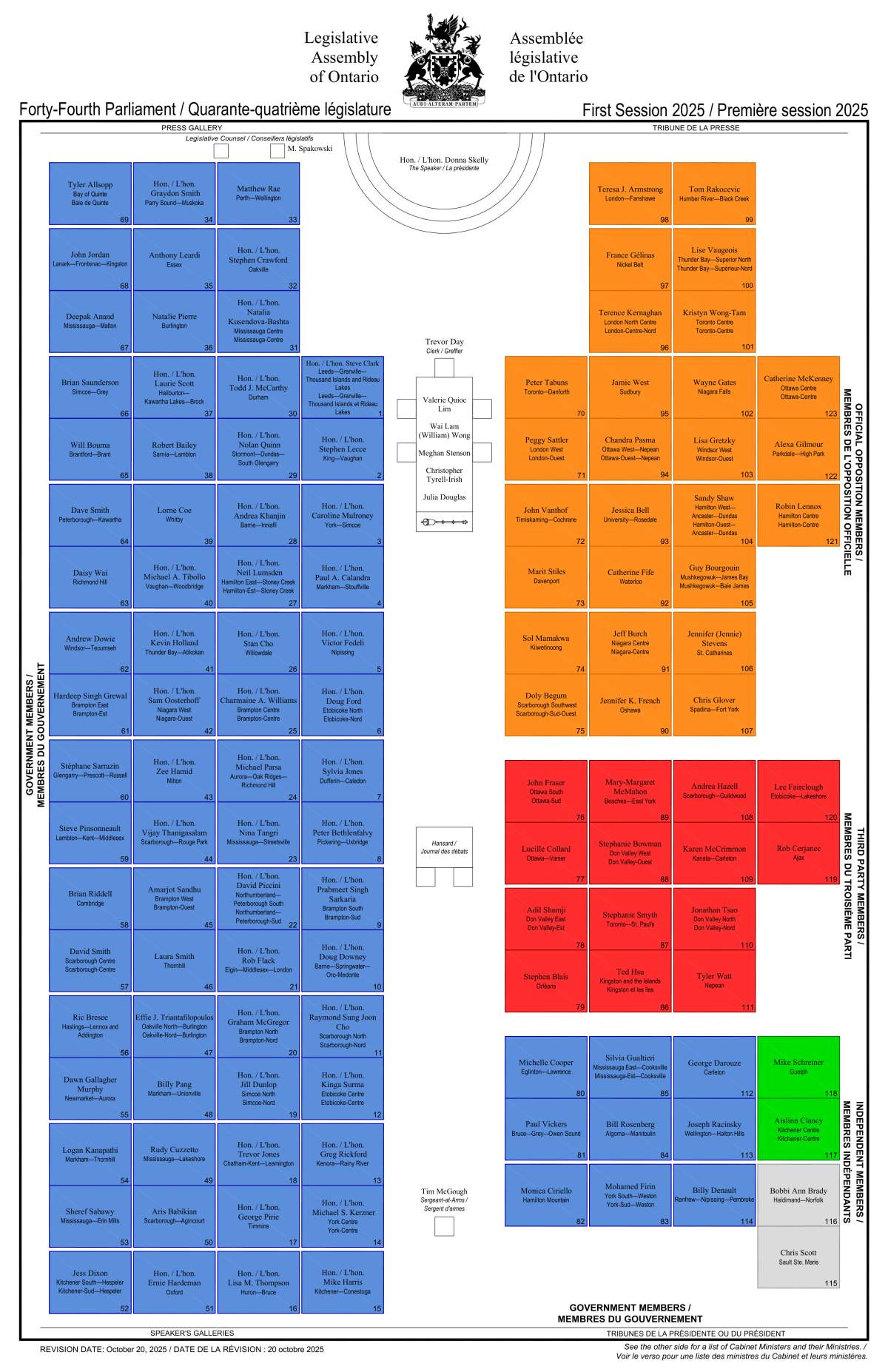 Ontario legislative assembly 2025 seating chart.