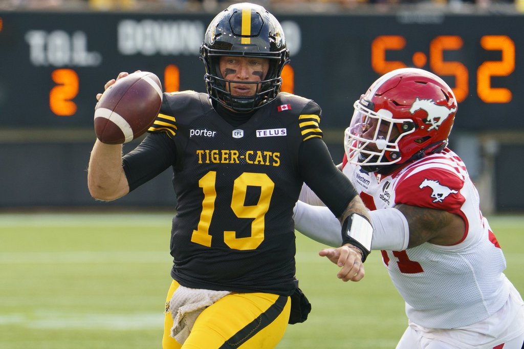 Hamilton Tiger Cats quarterback Bo Levi Mitchell (19) is pressured by Calgary Stampeders' Vyshonne Janusas (81) during first half CFL football game action in Hamilton, Ont., Saturday, Oct. 11, 2025. THE CANADIAN PRESS/Peter Power.