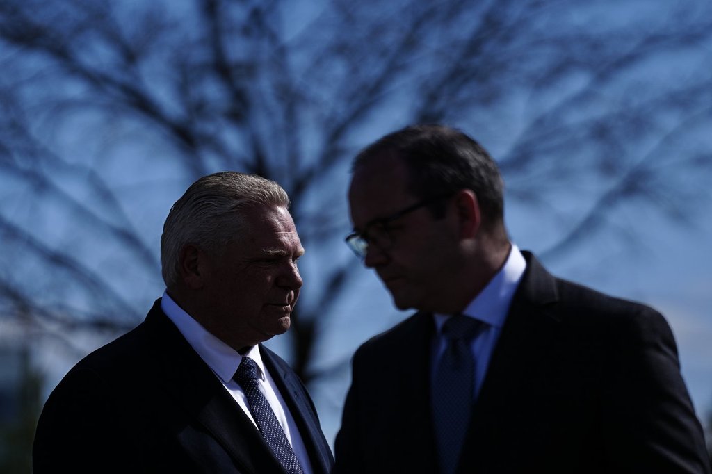 Ontario Premier Doug Ford and Attorney General Doug Downey attend an availability in Mississauga, Ont., on Wednesday, April 30, 2025. 