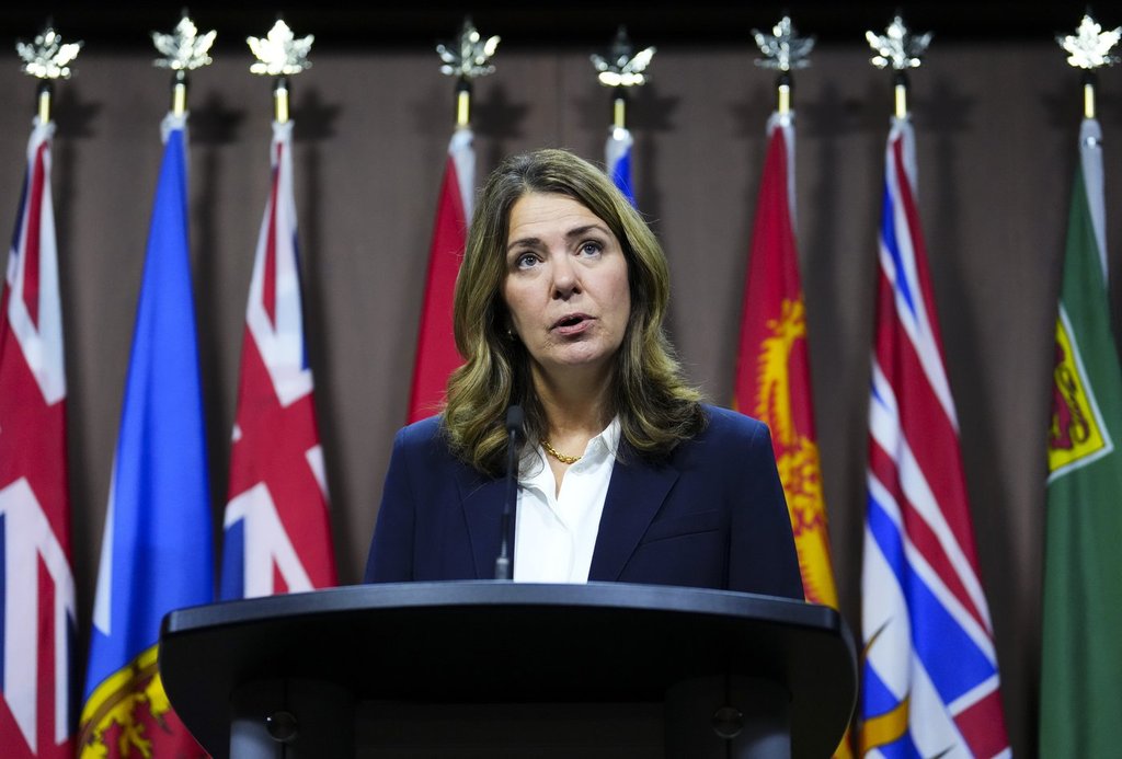 Alberta Premier Danielle Smith holds a press conference on Parliament Hill in Ottawa on Tuesday, Oct. 7, 2025. 