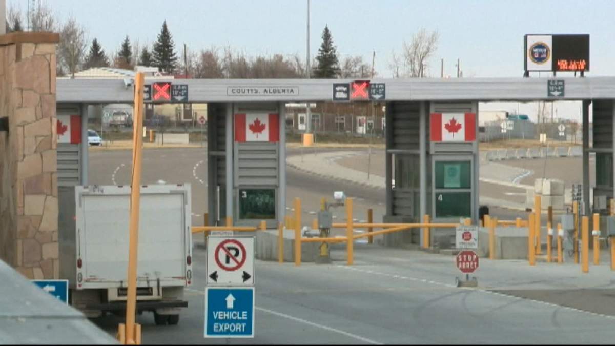 The Coutts border crossing, on the Montana-Alberta border, is located about an hour south of Lethbridge or about 3 hours south of Calgary.