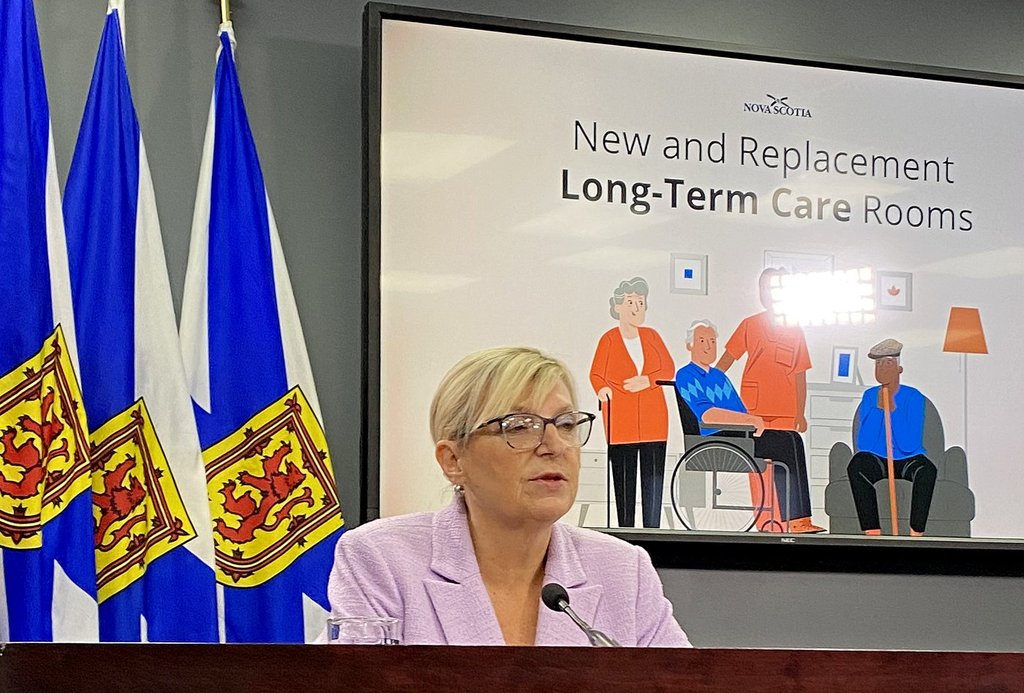 Minister of Seniors and Long-term Care Barbara Adams speaks at a news conference in Halifax, Monday, Nov. 20, 2023. 