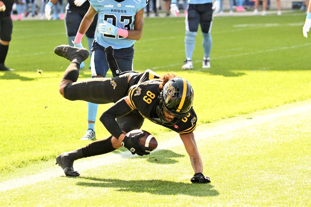 Hamilton Tiger-Cats wide receiver Kenny Lawler (89) scores a touchdown against the Toronto Argonauts during first half CFL football action in Toronto, Saturday, Oct. 4, 2025. THE CANADIAN PRESS/Jon Blacker.