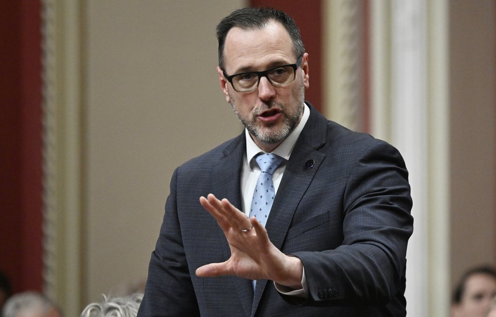 Quebec Immigration Minister Jean-François Roberge responds to the Opposition during question period at the legislature in Quebec City, Tuesday, April 8, 2025.