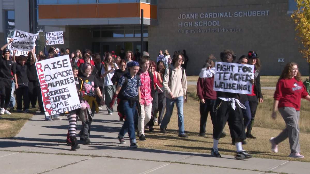 At Joane Cardinal-Schubert High School, in the south Calgary community of Seton, about 100 students marched in support of the teachers and more funding for education.