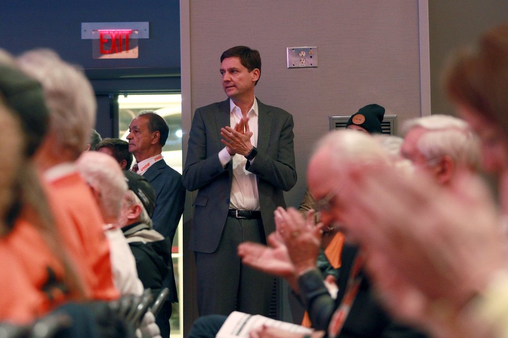 B.C. Premier David Eby looks on as delegates gather for the B.C. NDP convention at the Victoria Conference Centre in Victoria, on Friday, Nov. 17, 2023. THE CANADIAN PRESS/Chad Hipolito.