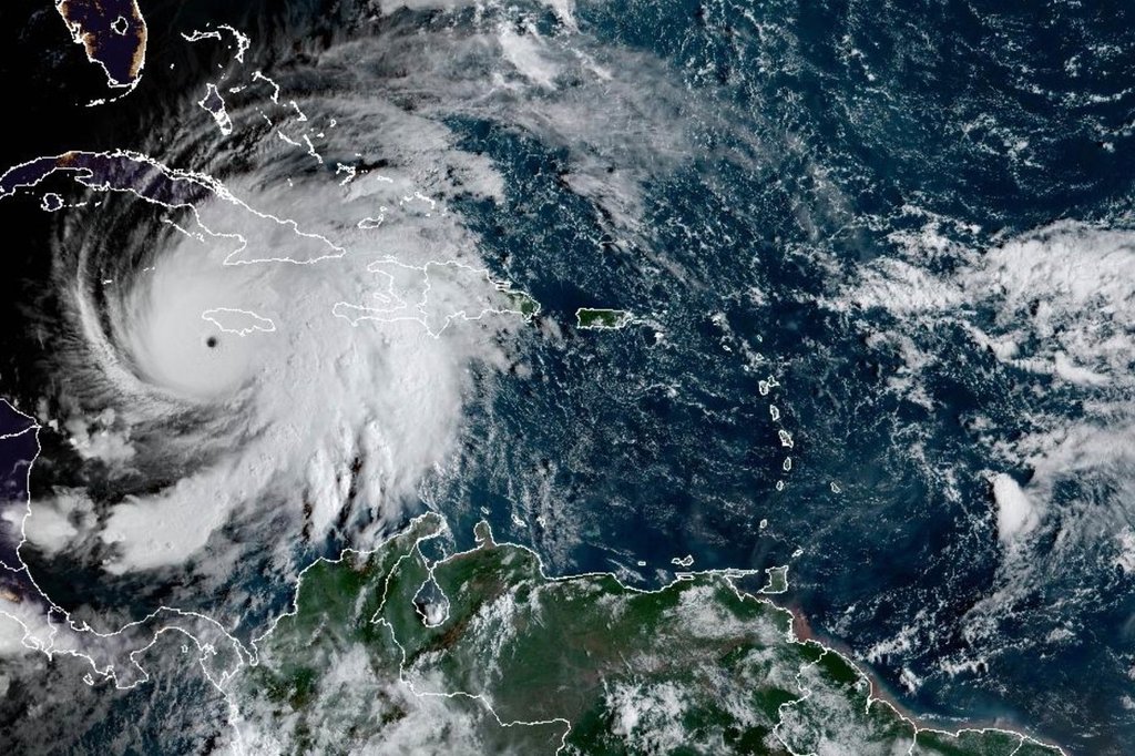 This satellite image provided by the National Oceanographic and Atmospheric Administration shows Hurricane Melissa, Tuesday, Oct. 28, 2025. (NOAA via AP).