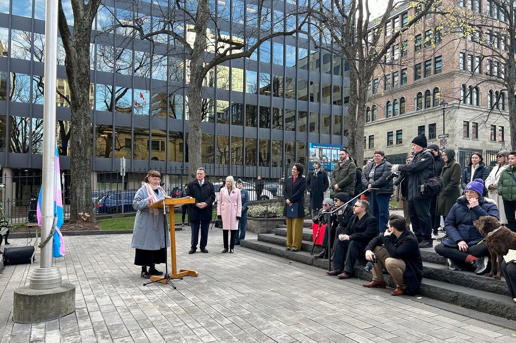 Lisa Lachance, Nova Scotia NDP LGBTQ+ affairs critic, speaks to attendees before raising the transgender pride flag in front of Province House in downtown Halifax to recognize Transgender Day of Remembrance, Thursday, Nov. 20, 2025. THE CANADIAN PRESS/Emily Baron Cadloff.