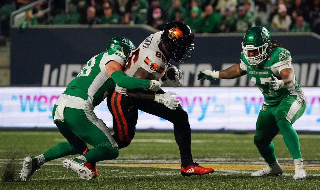 B.C. Lions receiver Jevon Cottoy (86) runs the football against the Saskatchewan Roughriders during the second half of CFL football action in Regina, on Saturday, October 25, 2025. THE CANADIAN PRESS/Heywood Yu.