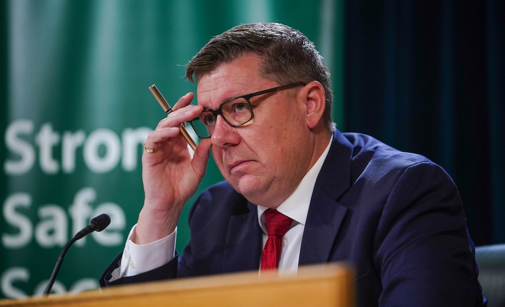 Saskatchewan Premier Scott Moe looks on during a press conference before the Speech from the Throne, in Regina, on Wednesday, Oct. 22, 2025. THE CANADIAN PRESS/Heywood Yu.