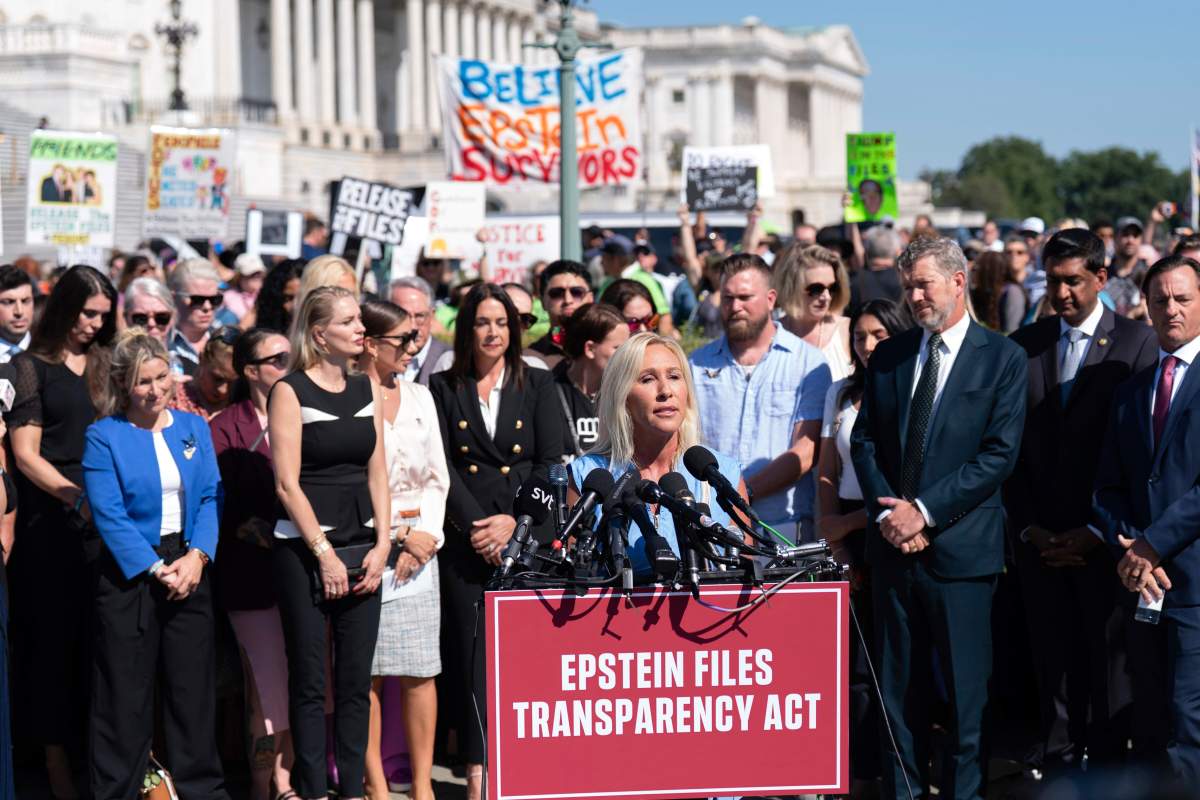 Rep. Marjorie Taylor Greene, R-Ga., speaks during a news conference at the U.S. Capitol, Wednesday, Sept. 3, 2025, in Washington.