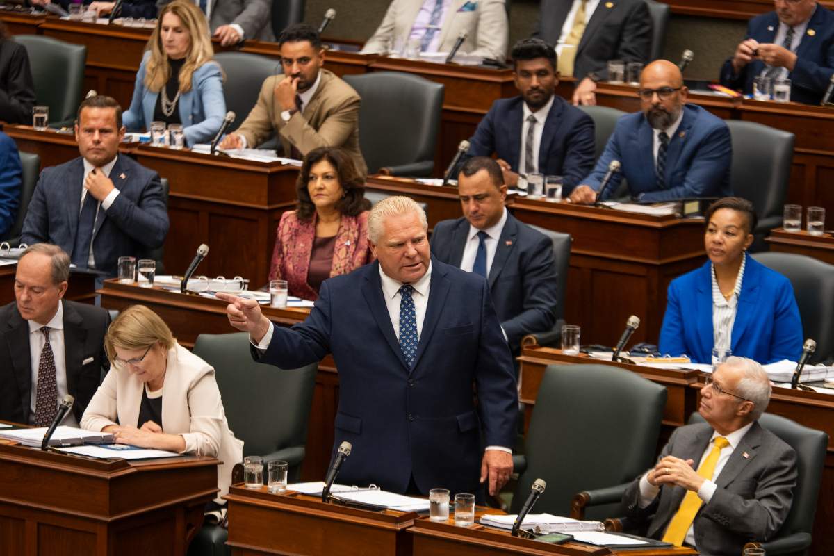 Ontario Premier Doug Ford speaks during Question Period at Queen’s Park in Toronto, on Monday, Oct. 20, 2025. 