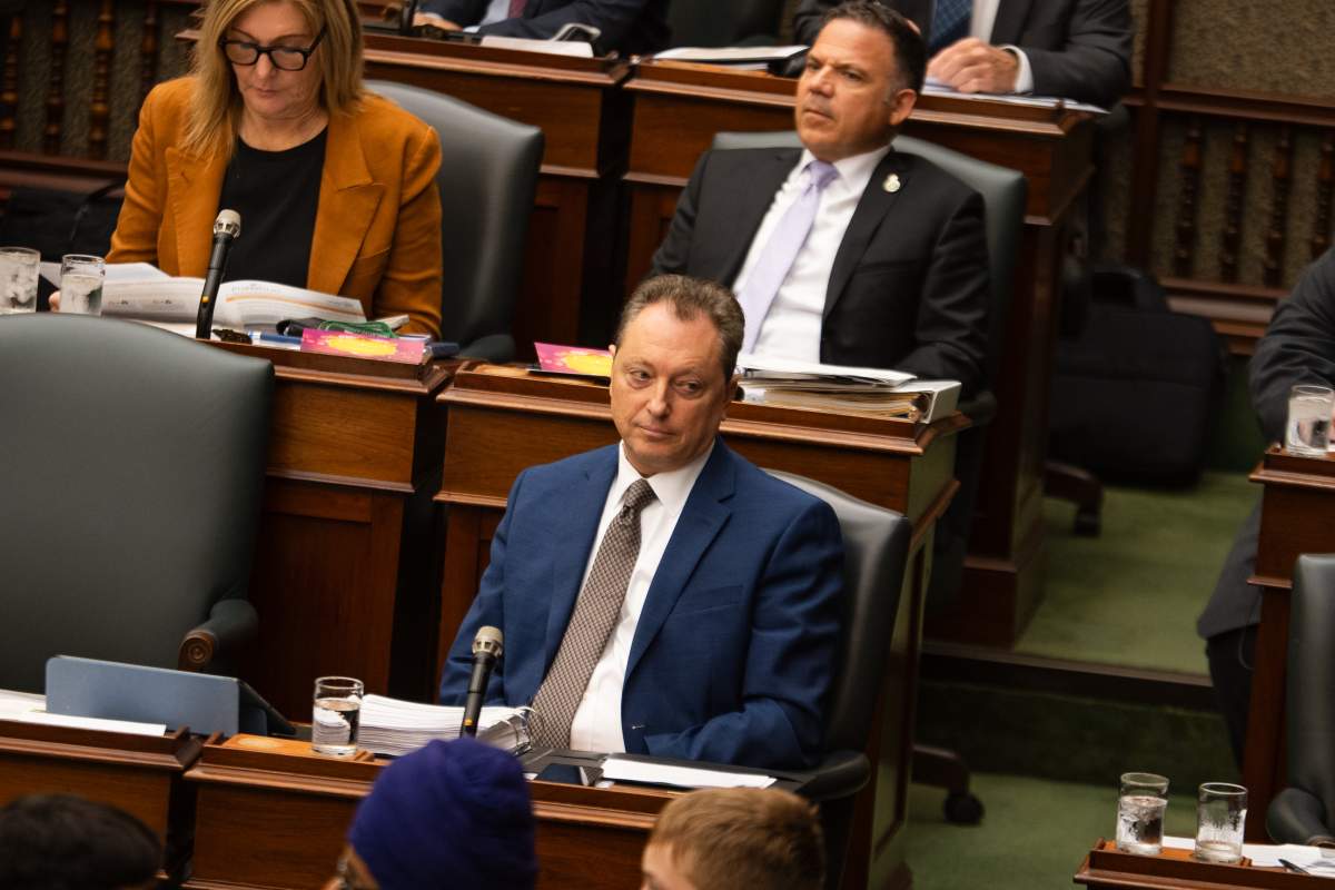 Minister of Public Business Service Delivery and Procurement Stephen Crawford attends Question Period at Queen’s Park in Toronto, on Monday, Oct. 20, 2025. 
