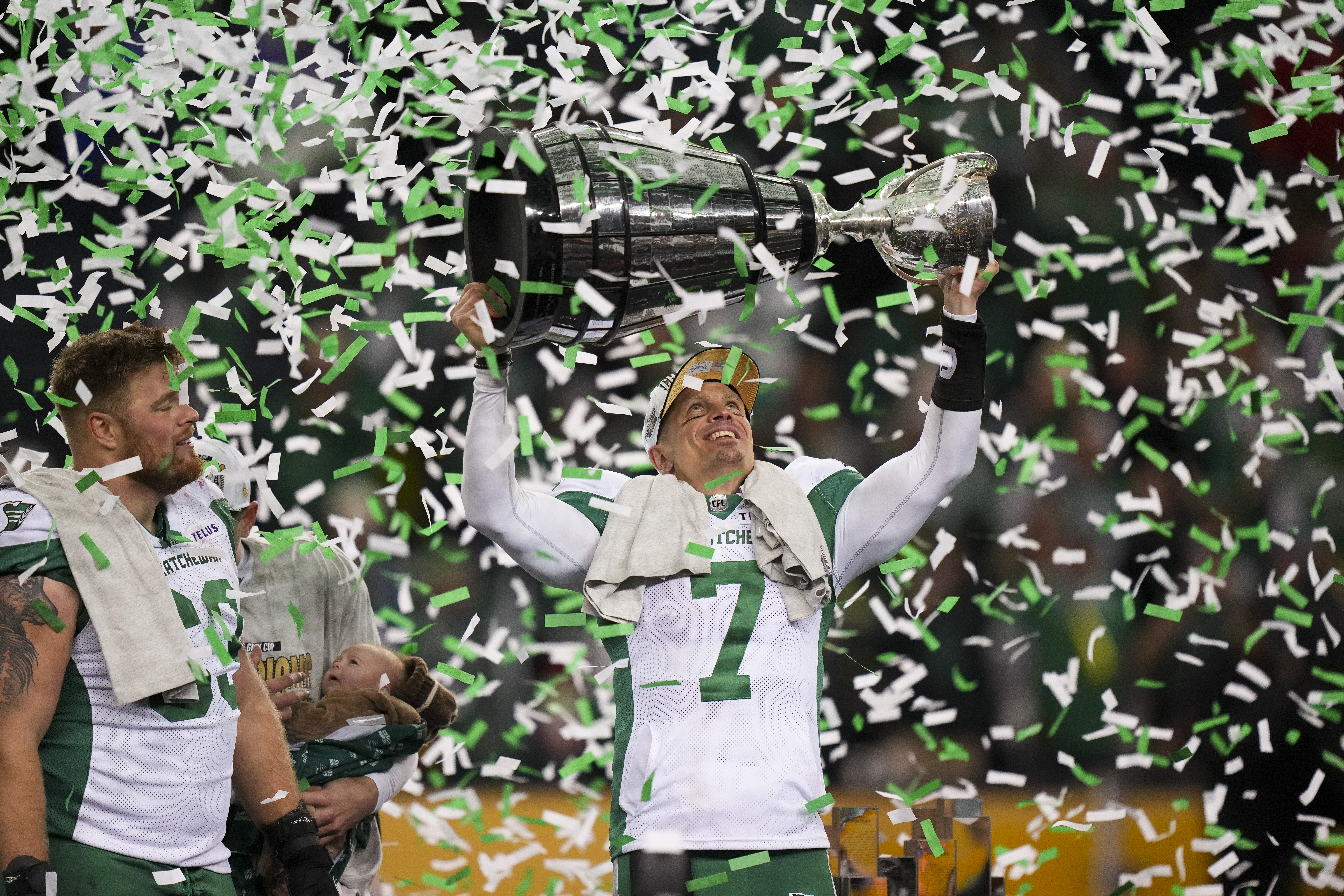 Saskatchewan Roughriders quarterback Trevor Harris (7) celebrates his win over the Montreal Alouettes in the 112th CFL Grey Cup, in Winnipeg on Sunday, Nov. 16, 2025. THE CANADIAN PRESS/Darryl Dyck