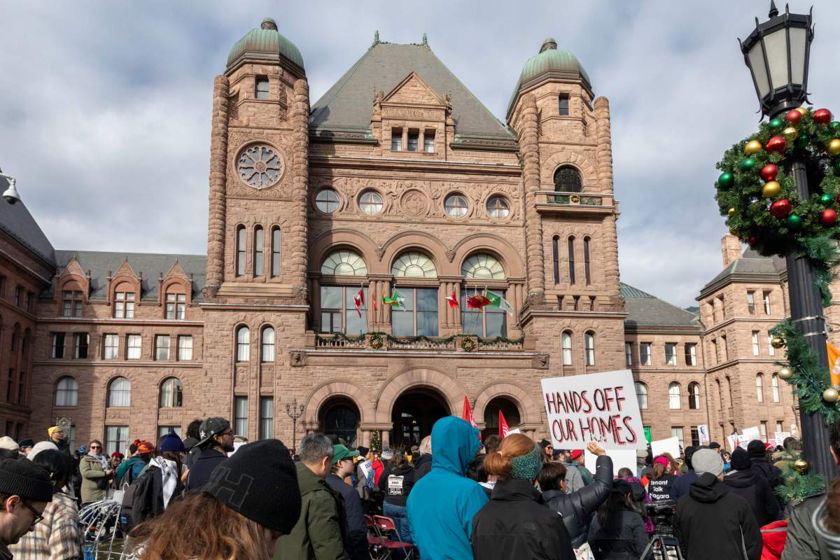 Tenant-rights activists protest at the Ontario legislature in Toronto on Nov. 22, 2025. They denounced Bill 60, which they say is pro-landlord and will make evictions easier.
