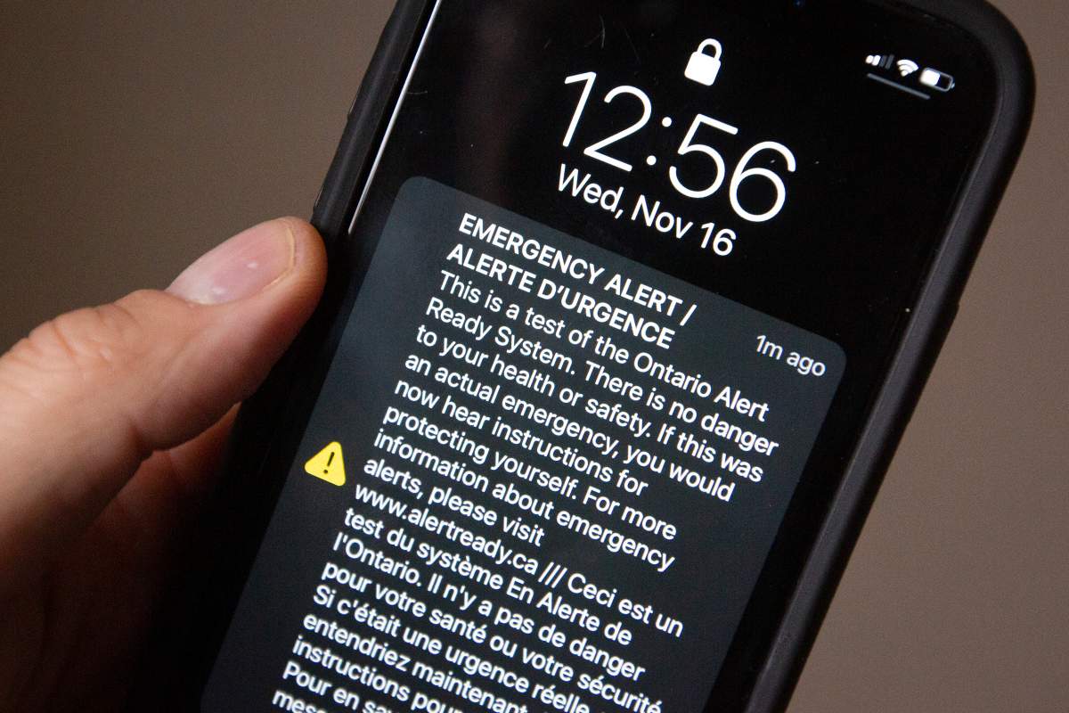 An emergency test alert is pictured on a cellphone in Kingston, Ontario on Wednesday, November 16, 2022.