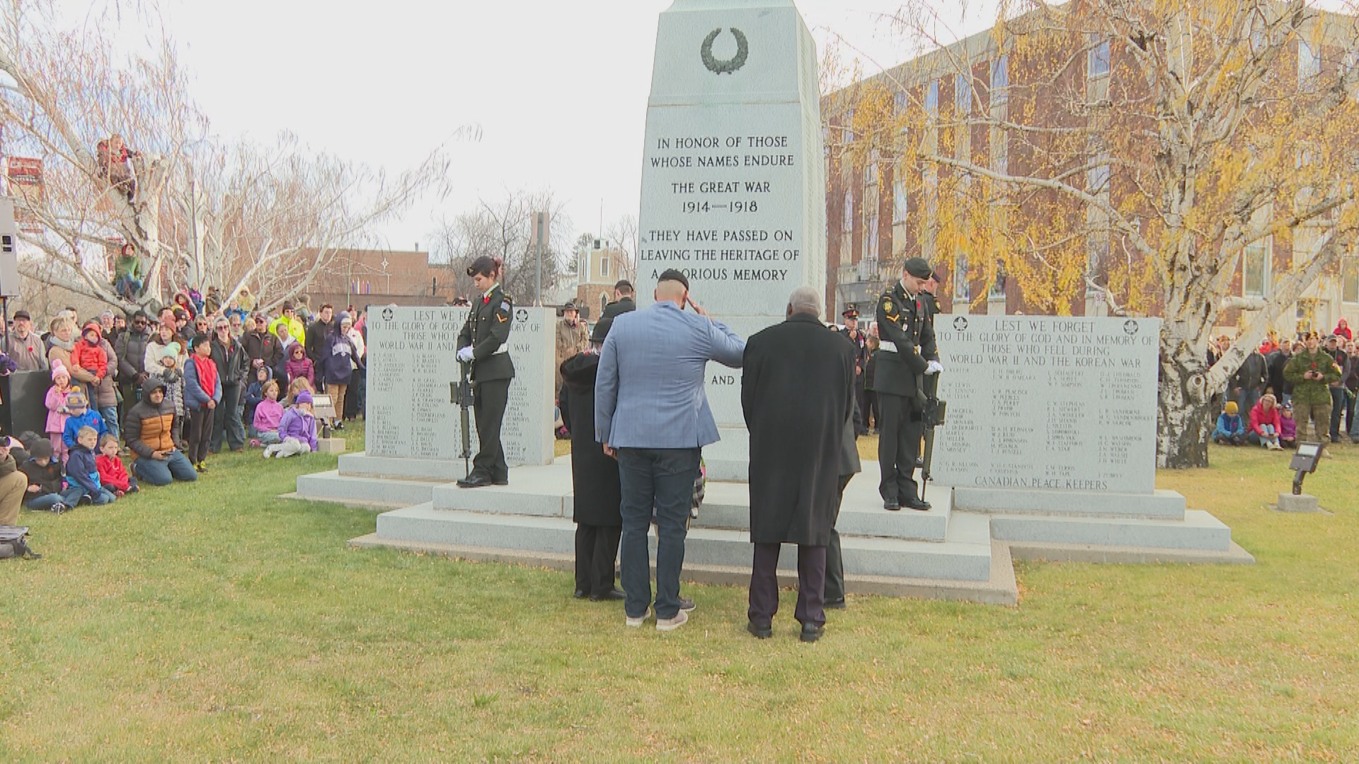 The family of Mark Anthony Graham lays a wreath to honour him and other fallen soldiers at Lethbridge's Remembrance Day ceremony on Nov. 11, 2025.
