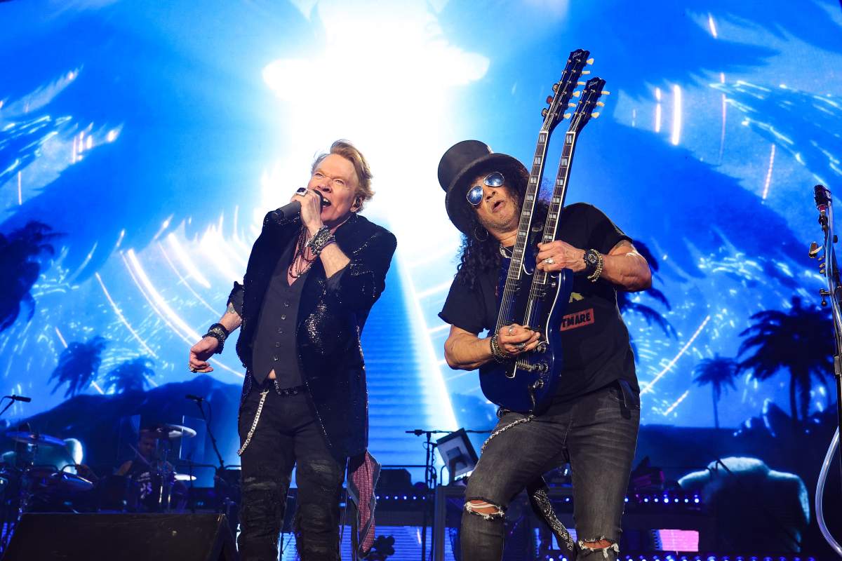 (L-R) Axl Rose and Slash of Guns N' Roses perform during the Power Trip music festival at Empire Polo Club on Oct. 6, 2023 in Indio, Calif.