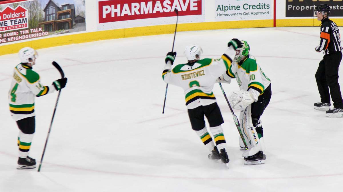 The London Knights celebrate a 3-2 shootout win over Owen Sound.