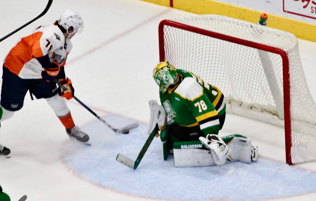 London Knights goalie Aleksei Medvedev makes back-to-back stops on Nathan Aspinall in a game between London and the Flint Firebirds on Nov. 12, 2025.