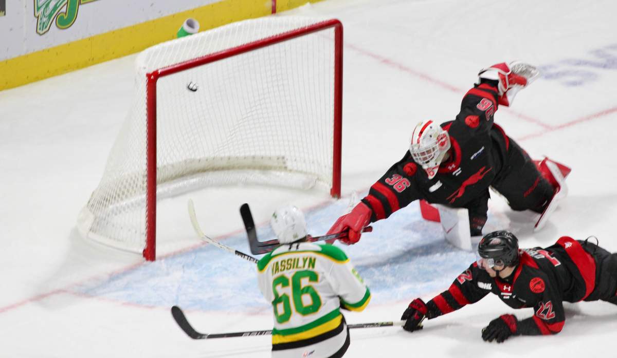 Braidy Wassilyn of the London Knights scores a power play goal in the second period of a game between the London Knights and the Soo Greyhounds on Nov. 16, 2025.