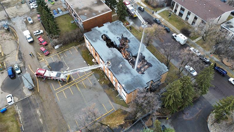 The Lyndon Court (10131 152 St.) apartment building in west Edmonton's Canora neighbourhood was heavily damaged by fire on Thursday, Nov. 13, 2025.