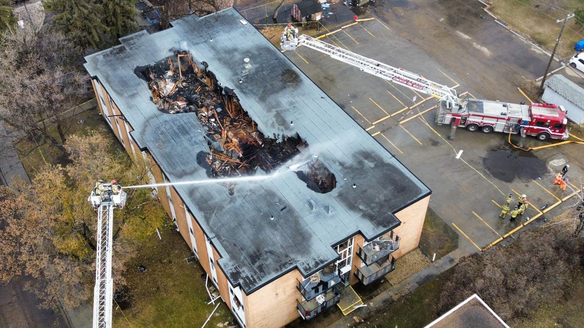 The Lyndon Court (10131 152 St.) apartment building in west Edmonton's Canora neighbourhood was heavily damaged by fire on Thursday, Nov. 13, 2025.