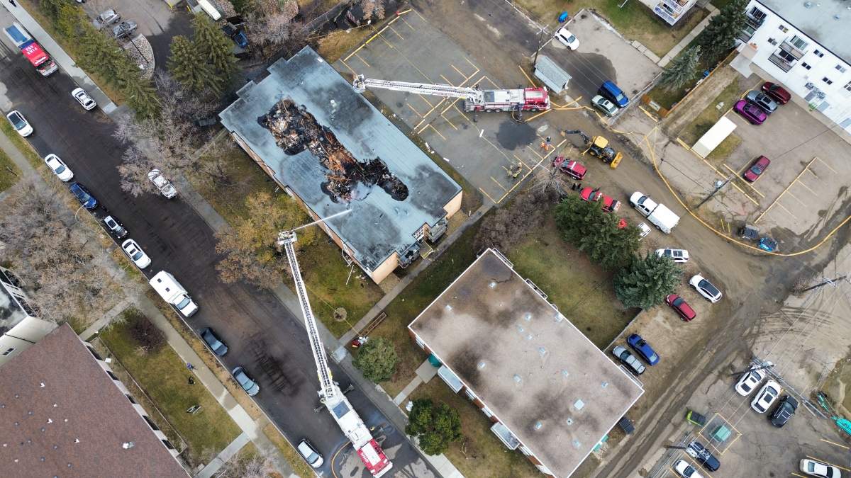 The Lyndon Court (10131 152 St.) apartment building in west Edmonton's Canora neighbourhood was heavily damaged by fire on Thursday, Nov. 13, 2025.