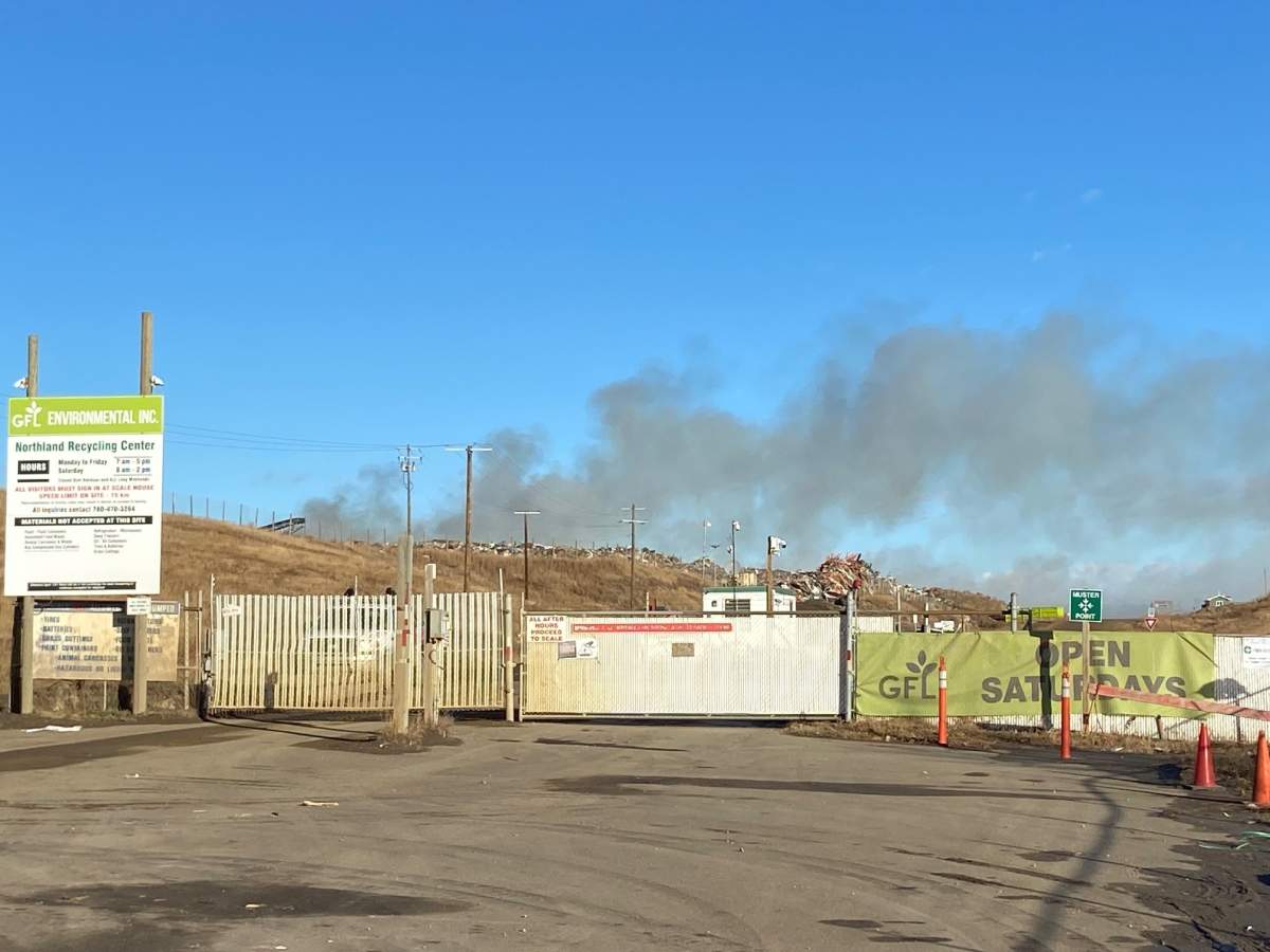 A fire broke amongst a mix of construction and demolition waste at the GFL Waste Management landfill on the west side of Edmonton on Sunday, Nov.9, 2025.