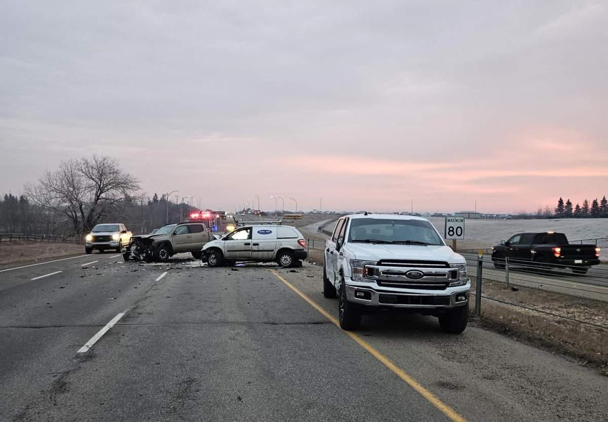 A three-vehicle crash on Highway 16A near 231 Street, at the border between the City of Edmonton and Parkland County, on the morning of Thursday, Nov. 27, 2025.