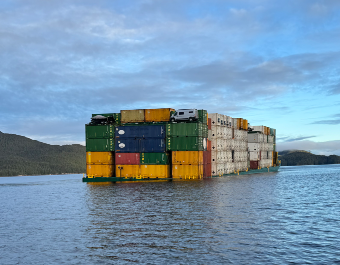 The loaded freight barge taking on water near Bella Bella.