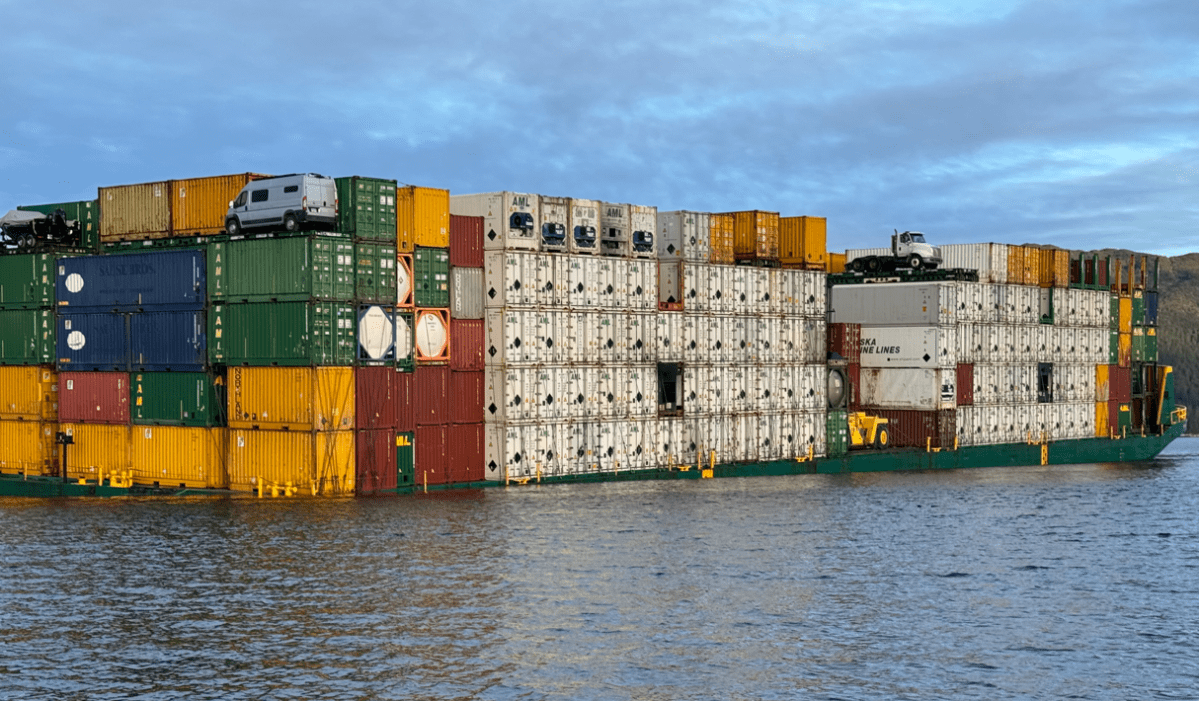 The loaded freight barge taking on water near Bella Bella.