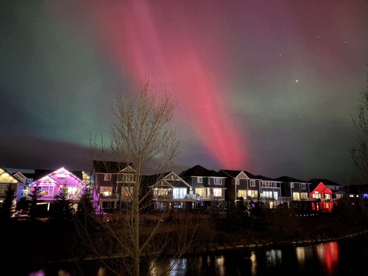 A red aurora shines bright over Airdrie, Alta. on Tuesday, Nov. 11, 2025.