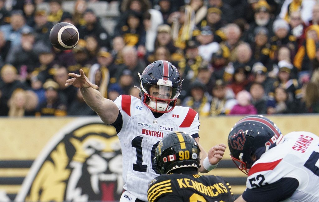 Montreal Alouettes quarterback Davis Alexander (10) throws a pass during first half CFL East Final football game action against the Hamilton Tiger Cats, in Hamilton, Ont., Saturday, Nov. 8, 2025. THE CANADIAN PRESS/Peter Power.