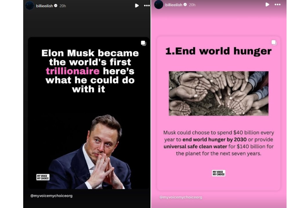 A screenshot of Billie Eilish's Instagram Stories.