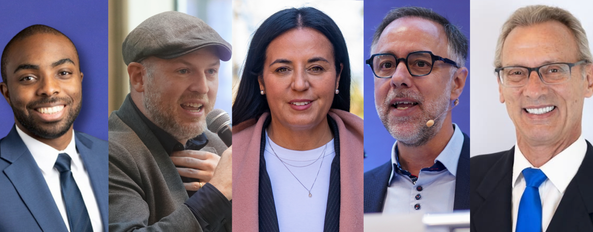 De gauche à droite : Jean-François Kacou de Futur Montréal, Craig Sauvé, chef du nouveau parti Transition Montréal, Soraya Martinez Ferrada, chef d'Ensemble Montréal, Luc Rabouin, chef de Projet Montréal, et Gilbert Thibodeau d'Action Montréal.