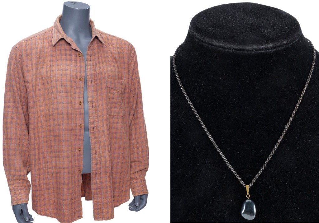 (L-R:) Dawson Leery's (James Van Der Beek) flannel from the series 'Dawson's Creek' and Dawson Leery's (James Van Der Beek) necklace to Joey Potter (Katie Holmes).
