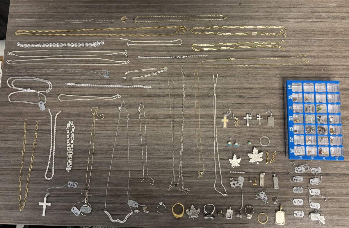 Various pieces of stolen jewelry recovered by Guelph police following a months=long investigation are pictured. 