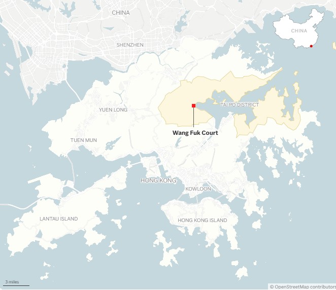 De brand bij Wang Fuk Court, Tai Po District, begon woensdagmiddag lokale tijd.