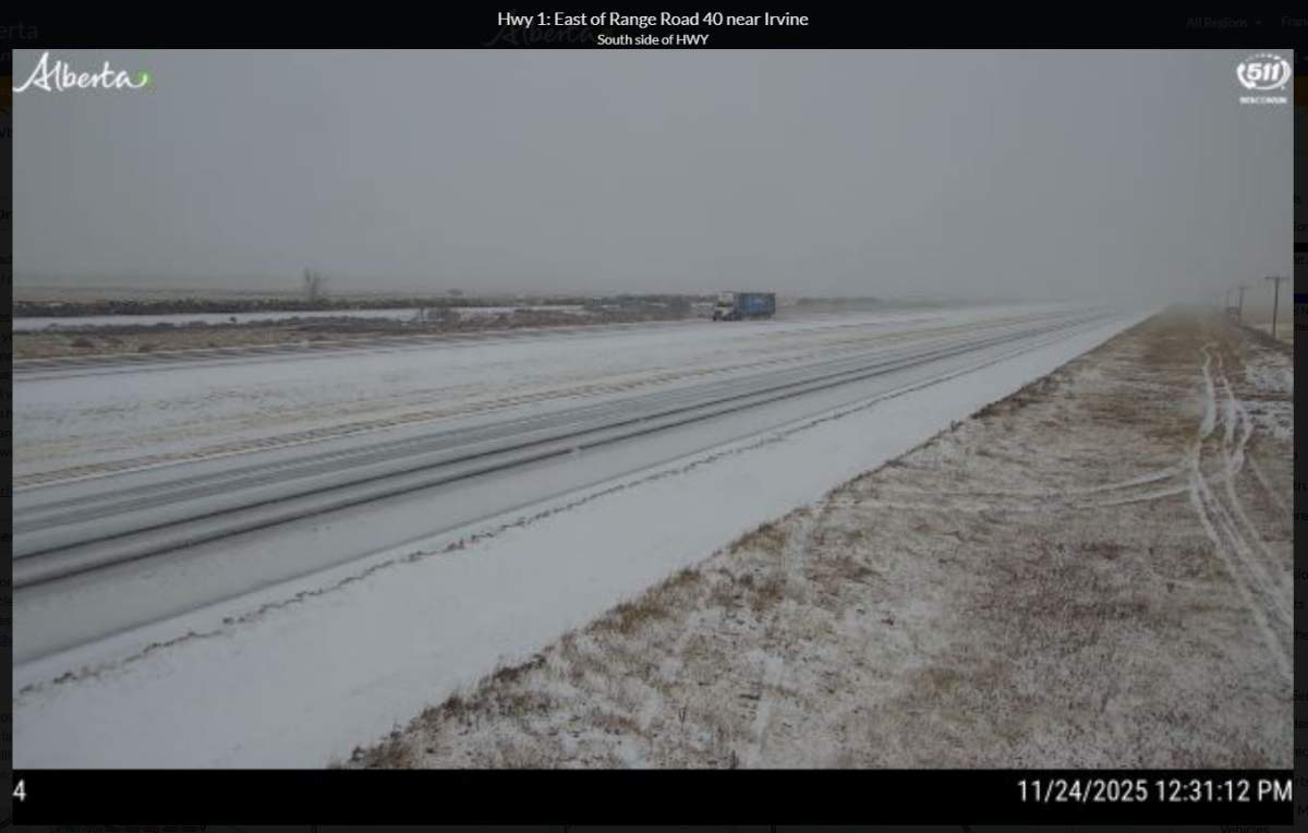 HIghways in the Medicine Hat area of southeastern Alberta were also reported to be slow covered and slippery.