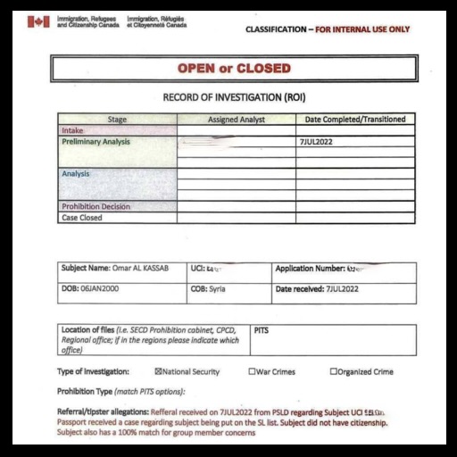 Record of Investigation document on Omar Alkassab.