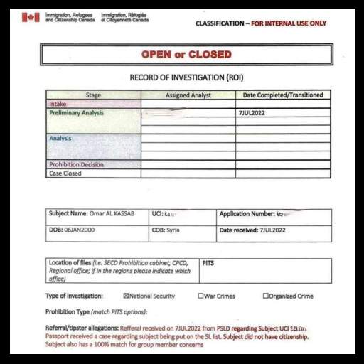 Record of Investigation document on Omar Alkassab.