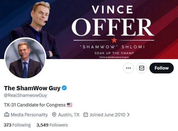 A screenshot of The ShamWow Guy's X profile.